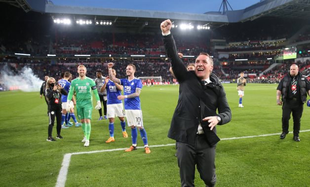 Leicester City manager Brendan Rodgers celebrates after the game, courtesy of Leicester City Twitter account 