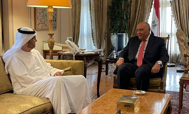 Egyptian Foreign Minister Sameh Shoukry, the Cop 27 President-Designate receives UAE Minister of Industry, Advanced Technology and Special Envoy for Climate Change Sultan Al Jaber on April 23, 2022- press photo