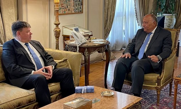 Meeting of Minister of Foreign Affairs Sameh Shokry and Secretary-General of the World Meteorological Organization (WMO) Petteri Taalas in Cairo, Egypt on May 9, 2022. Press Photo 