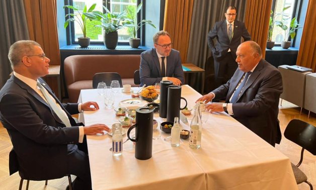 Meeting of Minister Sameh Shokry, Minister Dan Jannik Jorgenson, and Minister Alok Sharma in Copenhagen, Denmark on May 12, 2022. Press Photo