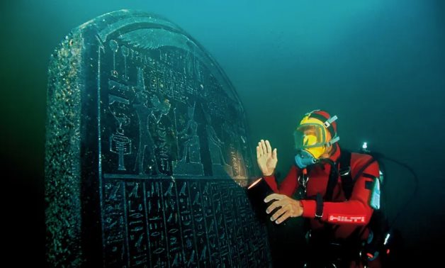 This stele reveals that Thonis (Egyptian) and Heracleion (Greek) were the same city. Photograph: Christoph Gerigk/Franck Goddio/Hilti Foundation