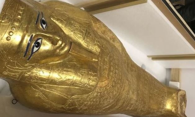 The golden coffin that once held the mummy of Nedjemankh, a priest in the Ptolemaic Period some 2,000 years ago, is displayed at the National Museum of Egyptian Civilization, in Old Cairo, Egypt. (AP)