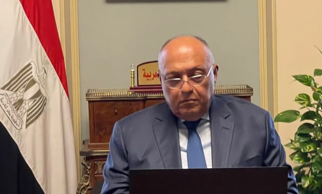 Minister of Foreign Affairs Sameh Shoukry in the Arab League meeting via video link - Facebook page of the Foreign Ministry
