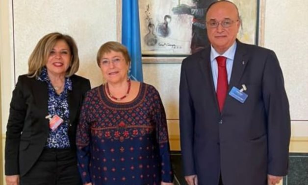 UN High Commissioner for Human Rights Michelle Bachelet (C), new President of the National Council for Human Rights Mushira Khattab & Vice President of the Council Mahmoud Karem pose for a picture, press photo.
