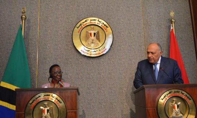 Egyptian foreign Minister Sameh Shoury in a joint press conference with his Tanzanian counterpart Liberata Mulamula, on Thursday- press photo.
