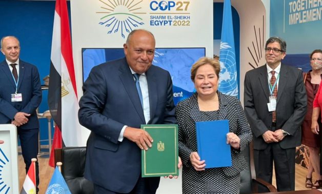 Egyptian Foreign Minister Sameh Shoukry, the COP27 President-Designate, and Executive Secretary of the UNFCCC Patricia Espinosa Cantellano signed on Wednesday the Host Country Agreement for COP27- press photo