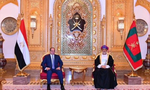 President Abdel Fattah El-Sisi met with His Majesty Sultan of Oman, Sultan Haitham bin Tariq Al Said, in Al Alam Palace in the Omani capital, Muscat, where an official reception ceremony was held- Press photo