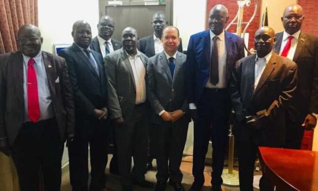 Meeting of Egypt's Ambassador to Juba Moataz Mostafa Abdel Qader, and South Sudanese Minister of Trade and Industry Kuol Athian and other officials. July 2022. Press Photo 