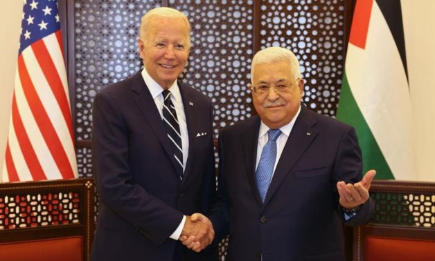 US President Joe Biden meets with Palestinian counterpart Mahmoud Abbas in Ramallah on July 15, 2022- photo from the Palestinian embassy in Cairo-
