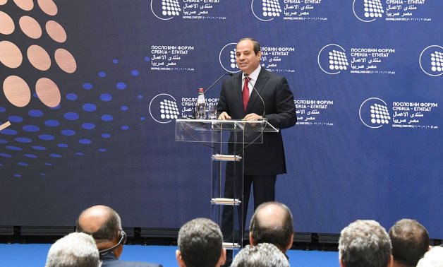 President Abdel Fattah El Sisi gives a speech at the Egyptian-Serbian Business Forum on July 20, 2022- press photo