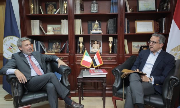 Egypt's Min. of Tourism & Antiquities Khaled el-Enani (R) with Italian Ambassador to Cairo Michele Quaroni - Min. of Tourism & Antiquities 