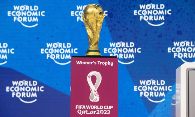The FIFA World Cup trophy is displayed during a panel discussion at the World Economic Forum 2022 (WEF) in the Alpine resort of Davos, Switzerland May 23, 2022. REUTERS/Arnd Wiegmann