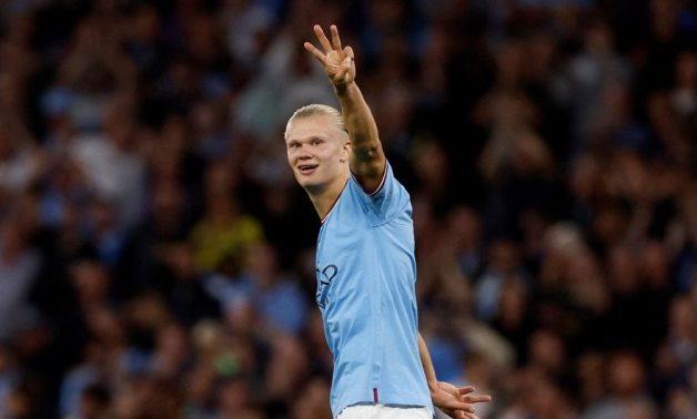 Manchester City's Erling Braut Haaland celebrates scoring their third goal and completing his hat-trick Action Images via Reuters/Jason Cairnduff