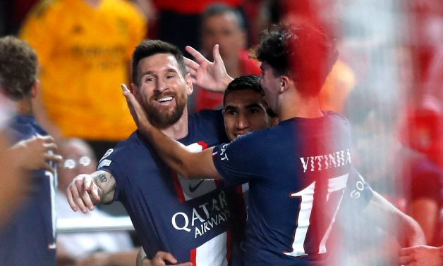 Paris St Germain's Lionel Messi celebrates scoring their first goal with teammates REUTERS/Pedro Nunes