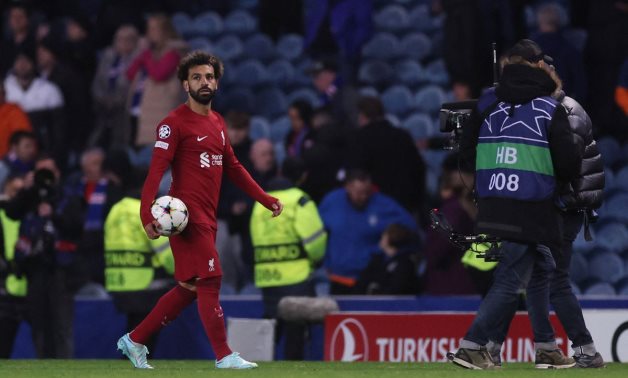 Liverpool's Mohamed Salah holds the match ball at full time after scoring a hat-trick Action Images via Reuters/Lee Smith
