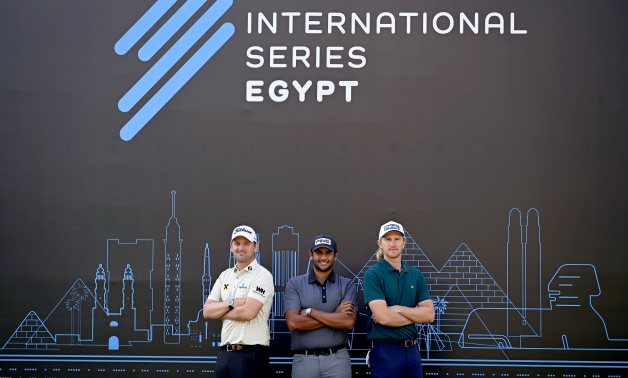 Bernd Wiesberger, Issa Abou El Ela and Travis Smyth pose for media ahead of the International Series Egypt