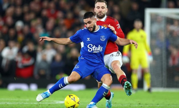 Everton's Neal Maupay in action with Manchester United's Luke Shaw REUTERS/Carl Recine