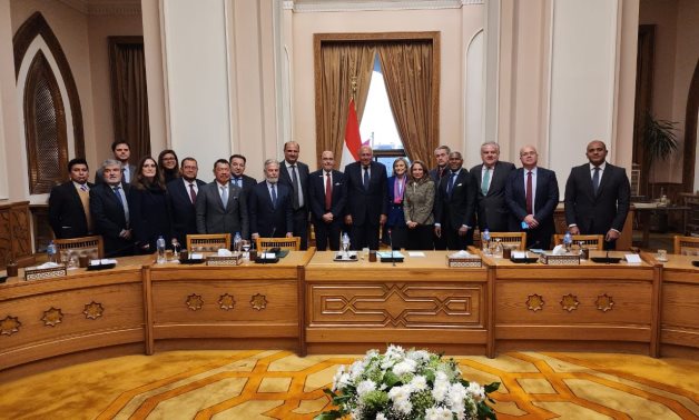 Minister of Foreign Affairs Sameh Shokry and 15 Latin American ambassadors to Cairo pose for a group photo. February 7, 2023. Press Photo