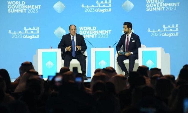 President Abdel Fatah al-Sisi talking at one of the sessions of the World Government Summit hosted by the UAE in Abu Dhabi. February 13, 2023. Press Photo 