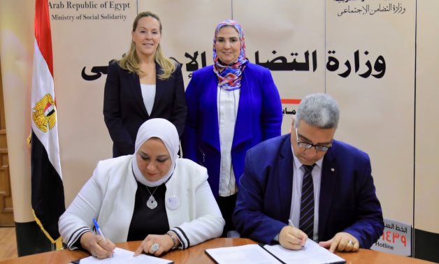 Signing of agreement between the Ministry of Social Solidarity and 'FACE for Children in Need association to run Egypt's first orphan hosting center. February 13, 2023. Press Photo 
