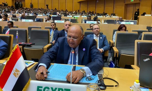 Minister of Foreign Affairs Sameh Shokry delivering a speech at the AU Peace and Security Council in Addis Ababa, Ethiopia. February 19, 2023. Press Photo  