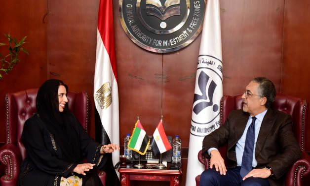 Meeting of Emirati Ambassador to Cairo Mariam Khalifa al-Kaabi and GAFI Chairman Hossam Heiba on February 22, 2023. Press Photo 