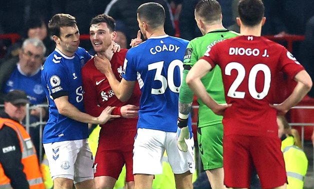 Liverpool's Andrew Robertson clashes with Everton's Jordan Pickford, Seamus Coleman and Conor Coady REUTERS/Carl Recine