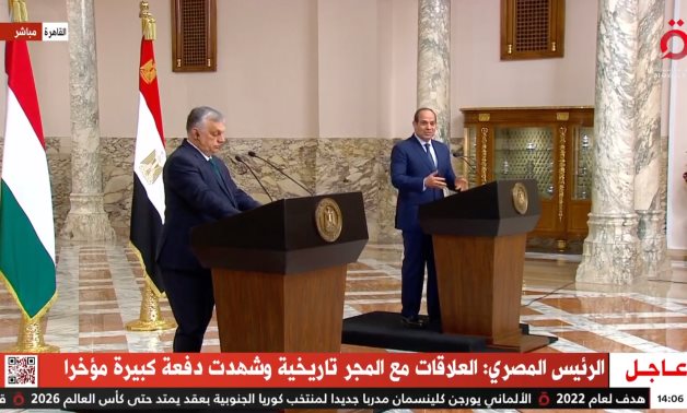 President Abdel Fatah al-Sisi, Hungarian Prime Minister Viktor Orban during press conference at Ittihadiya Palace in Cairo Tuesday.