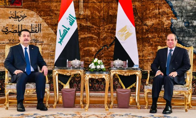 President Abdel Fattah El-Sisi and Prime Minister Mohammed Shia' Al-Sudani at Al Itihadiyah Presidential Palace. March 5, 2023. Press Photo 