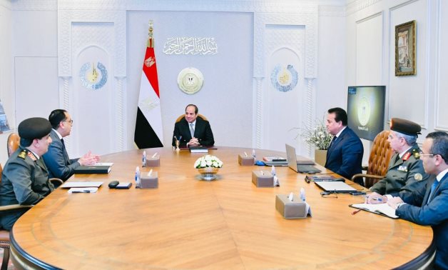President Abdel Fattah El Sisi is in a meeting with Prime Minister, Dr. Moustafa Madbouly, and Minister of Health and Population, Dr. Khaled Abdel Ghaffar,- press photo