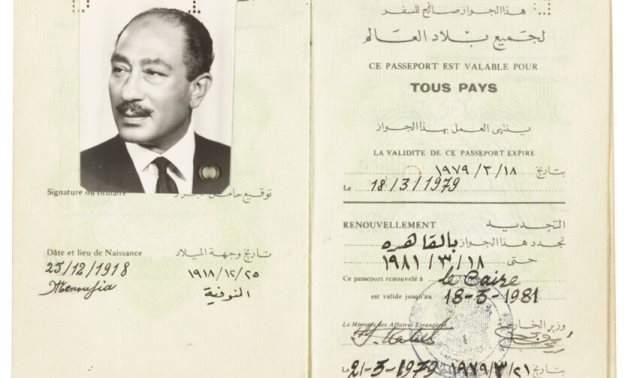 A photo of the late President Anwar Sadat's passport at the auction house- the photo from the Heritage Auctions house