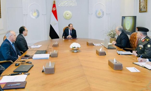 President Abdel Fattah El Sisi in a meeting with PM Moustafa Madbouly; Minister of Agriculture and Land Reclamation, El-Sayed El-Quseir; and Minister of Water Resources and Irrigation, Hani Swailem- press photo