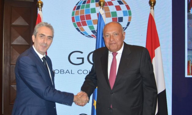 Egyptian Foreign Minister Sameh Shourky (R) witnessed the ceremony of Egypt's assuming co-chairmanship of the Global Counterterrorism Forum (GCTF) with the European Union on May 4, 2023- press photo