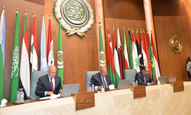 Egypt’s Foreign Minister Sameh Shoukry (center), Secretary-General of the Arab League Ahmed Aboul Gheit, and Assistant Secretary-General of Arab League Hossam Zaki during the emergency AL meeting on Sunday