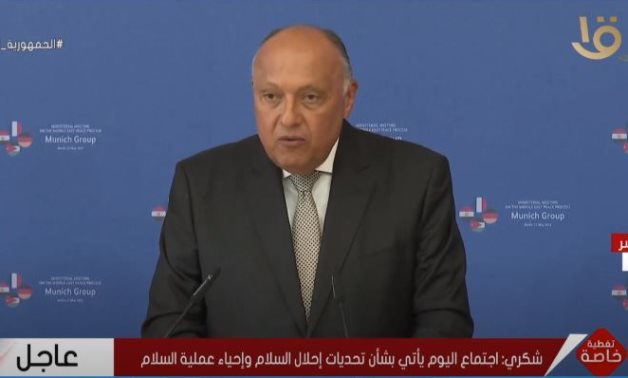 Egypt's FM Sameh Shoukry speaks during a press conference after the Munich-format meeting hosted by Berlin on Thursday - Channel 1/Still photo