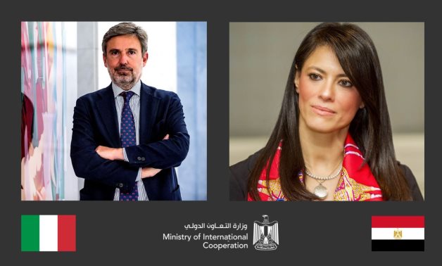 Michele Quaroni, Italy's new ambassador to Egypt (L) and Egyptian Minister of International Cooperation Rania el-Mashat