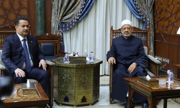 Grand Imam of Al Azhar Ahmed El Tayeb meets with Iraqi Prime Minister Mohamed Shia Al Sudani in Al Azhar Sheikhdom in Cairo on June 12, 2023- press photo