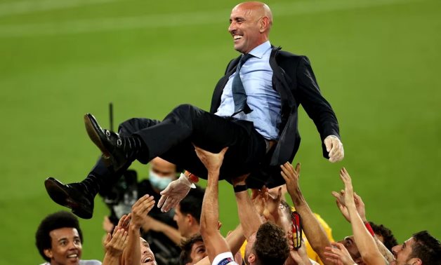 Sevilla Sports director Monchi is tossed by players after winning the UEFA Europa League. Lars Baron/Pool via REUTERS/File Photo