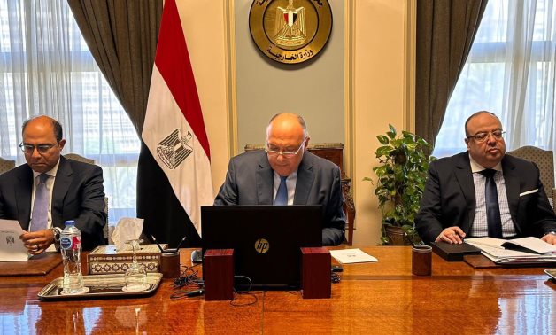 Egypt's FM Sameh Shoukry speaks during the High-level Pledging Event to Support the Humanitarian Response in Sudan and the Region