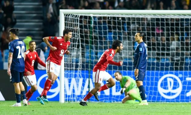 Hussein El Shahat of Al Ahly celebrates scoring against Auckland City in the 2022 FIFA Club World Cup.
