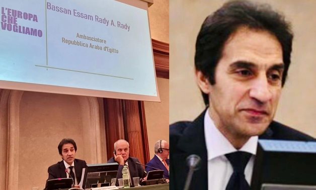 Egyptian Ambassador to Rome Bassam Rady delivering a speech before the Italian Senate in July 2023. Press Photo