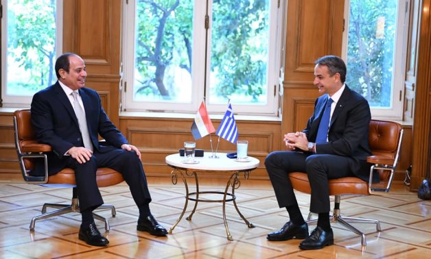 A file photo of a meeting between Egypt's President Abdel Fattah El-Sisi and Greek PM Kyriakos Mitsotakis in Athens in 2021. Egyptian Presidency
