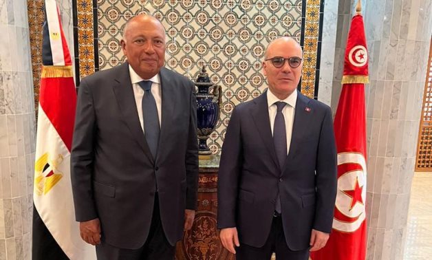 Minister of Foreign Affairs Sameh Shokry and Tunisian counterpart Nabil Ammar. Tunis, Tunisia. August 8, 2023. Press Photo