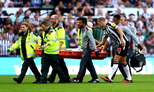 Aston Villa's Tyrone Mings is carried off the pitch in a stretcher after sustaining an injury Action Images via Reuters/Lee Smith