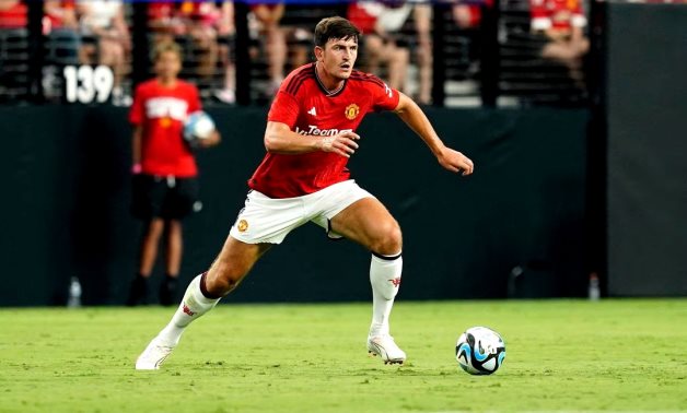 Manchester United defender Harry Maguire (5) moves the ball during the first half against Borussia Dortmund at Allegiant Stadium. Mandatory Credit: Lucas Peltier-USA TODAY Sports/File Photo