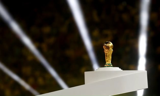 General view of the World Cup trophy on a plinth before the trophy presentation REUTERS/Kai Pfaffenbach/File photo