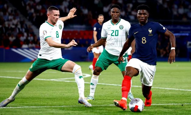 France's Aurelien Tchouameni in action with Republic of Ireland's Alan Browne and Chiedozie Ogbene REUTERS/Sarah Meyssonnier