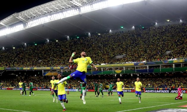 Brazil's Neymar celebrates scoring their fifth goal REUTERS/Ricardo Moraes