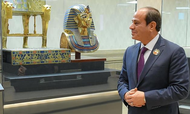 President Abdel Fattah El-Sisi inspected the Egyptian archaeological models, among the historical and cultural exhibits of the countries participating in the G20 summit in New Delhi,- press photo