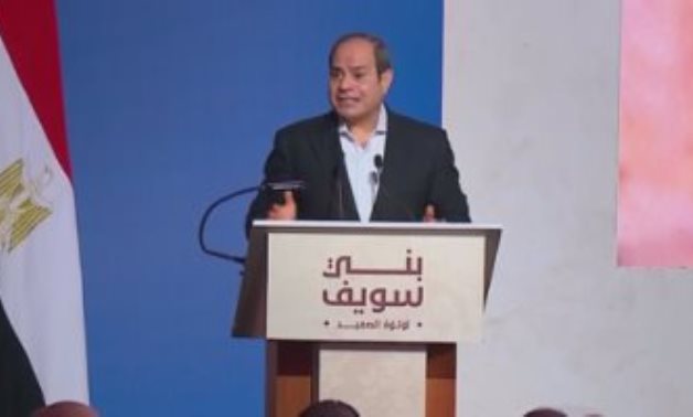President Abdel Fatah al-Sisi during his speech as part of his visit to Beni Suef - file 